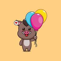 boar with balloon cartoon illustration. vector
