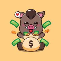 Jabali con dinero bolso dibujos animados ilustración. vector