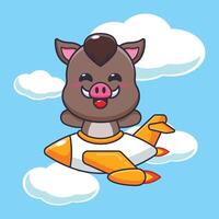 Cute boar mascot cartoon character ride on plane jet vector