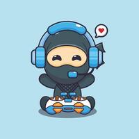 Cute ninja playing a game cartoon illustration vector