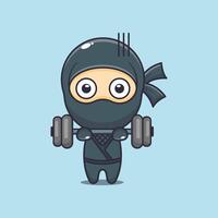 Cute ninja lifting barbell cartoon illustration vector