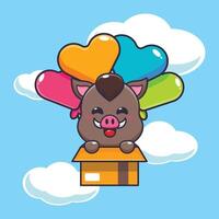 Cute boar mascot cartoon character fly with balloon vector