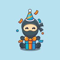 Cute ninja in birthday party cartoon illustration vector