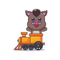 Cute boar mascot cartoon character ride on train vector