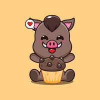 boar with cup cake cartoon illustration. vector