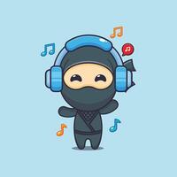 Cute ninja listening music with headphone cartoon illustration vector