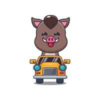 Cute boar mascot cartoon character ride on car vector