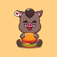 Jabali con hamburguesa dibujos animados ilustración. vector