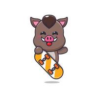 linda Jabali mascota dibujos animados personaje con patineta vector