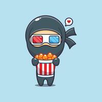 Cute ninja eating popcorn with 3d glasses cartoon illustration vector