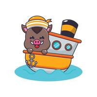 Cute boar mascot cartoon character on the ship vector