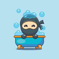 Cute ninja taking bubble bath in bathtub cartoon illustration vector