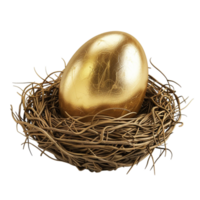 Golden egg in nest on transparent background. png