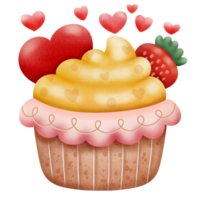 watercolor strawberry and heart cup cake png