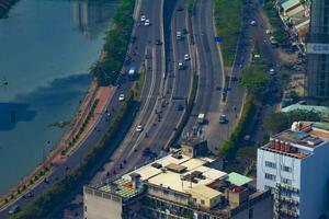 A traffic jam at the busy town in Ho Chi Minh high angle long shot photo