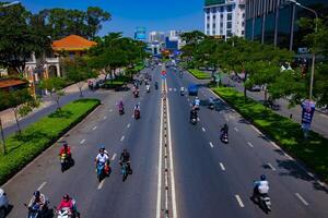 A traffic jam at the busy town in Ho Chi Minh wide shot photo