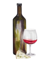 Watercolor illustration, wine composition with a bottle of wine, different types of cheese,ine glasses . Wine set for various designs. png