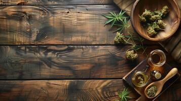 Cannabis buds and CBD oil in a glass jar lying on the wooden floor photo