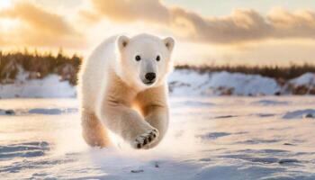 Polar bear cub white puppy running on ice surrounded by snow on a cold winter day photo