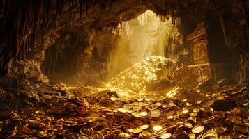 A large pile of gold coins and treasures hidden in a vast cave photo