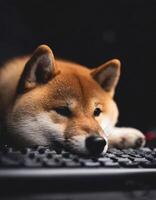 Dog Shiba Inu's face rests its chin against the computer keyboard isolated in a studio setting with a black background photo