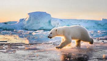 Polar bear cub white puppy running on ice surrounded by snow on a cold winter day photo