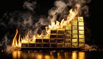 Gold bars are burning stock chart flames are rising on a black background photo