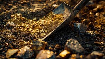 Use a shovel to dig up lots of raw gold photo