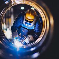 View from inside the steel pipe there was a welder at the end of the pipe photo