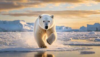 Polar bear white puppy running on ice surrounded by snow on a cold winter day photo
