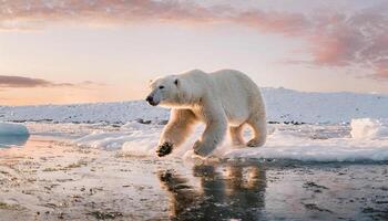 polar oso blanco perrito corriendo en hielo rodeado por nieve en un frío invierno día foto