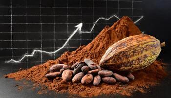 Cocoa fruit with dark chocolate and chocolate powder on the stock trading board graph in the background photo