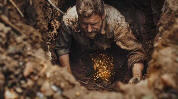 old man digging in the ground to find gold photo