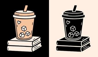 libro pila y con hielo latté para llevar café taza linda kawaii estético Fresco bebida amantes dibujo ilustración cortar archivo vector