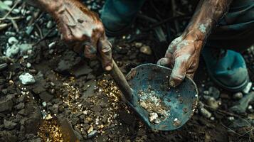 Hand man use shovels to dig in the ground to find gold photo
