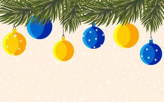 Happy Holidays. Yellow and blue balls on spruce green branches on a pink background with snow and copy space for text. New Year holiday horizontal postcard. vector