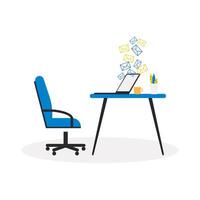 Blue color office chair with laptop on the desk isolated on white background. Work or educational space. vector