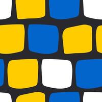 Yellow, blue and white squares on a black background. Seamless trendy pattern with geometric shapes. vector