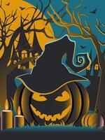 Halloween. Modern international spooky holiday All Saints' Day with scary pumpkins at night, bats, moon and gnarled branches. vector