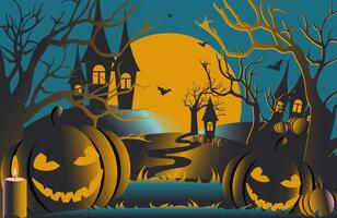 Halloween. Modern international spooky holiday All Saints' Day with scary pumpkins at night. vector