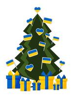 The Christmas tree is decorated with Ukrainian flags isolated on a white vertical background. vector