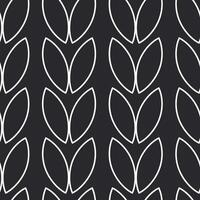 Grains of rice or wheat with a white outline create a spikelet on a black background. Seamless pattern with symmetrical petals. vector