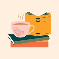 un taza de caliente té o café en un apilar de papel libros. acogedor útil leyendo a hogar o en el biblioteca. autoeducación. vector