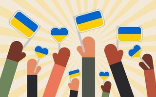 The hands of people of different nationalities in the struggle for peace in Ukraine hold flags with blue and yellow. Horizontal banner. vector