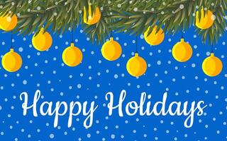 Happy Holidays. Yellow balls on spruce green branches on a blue background with snow. New Year holiday horizontal postcard. vector