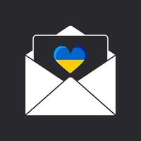 An open congratulatory envelope with an enclosed heart in the colors of the flag of Ukraine on a black background. vector