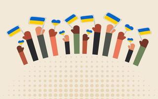 el manos de personas de diferente nacionalidades en el dificil para paz en Ucrania sostener banderas con azul y amarillo. horizontal bandera con sitio para texto. vector
