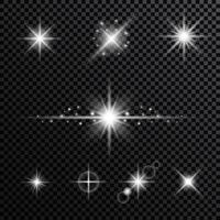 efecto espumoso estrellas ligero Estallar explosión, parpadeando y brillante luces. colección de diferente ligero efectos en negro antecedentes. transparente lente bengalas y Encendiendo efectos diseño. vector