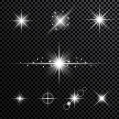 Effect sparkling stars light burst explosion, flickering and flashing lights. collection of different light effects on black background. transparent lens flares and lighting effects. design.