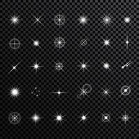 efecto espumoso estrellas ligero Estallar explosión, parpadeando y brillante luces. colección de diferente ligero efectos en negro antecedentes. transparente lente bengalas y Encendiendo efectos diseño. vector